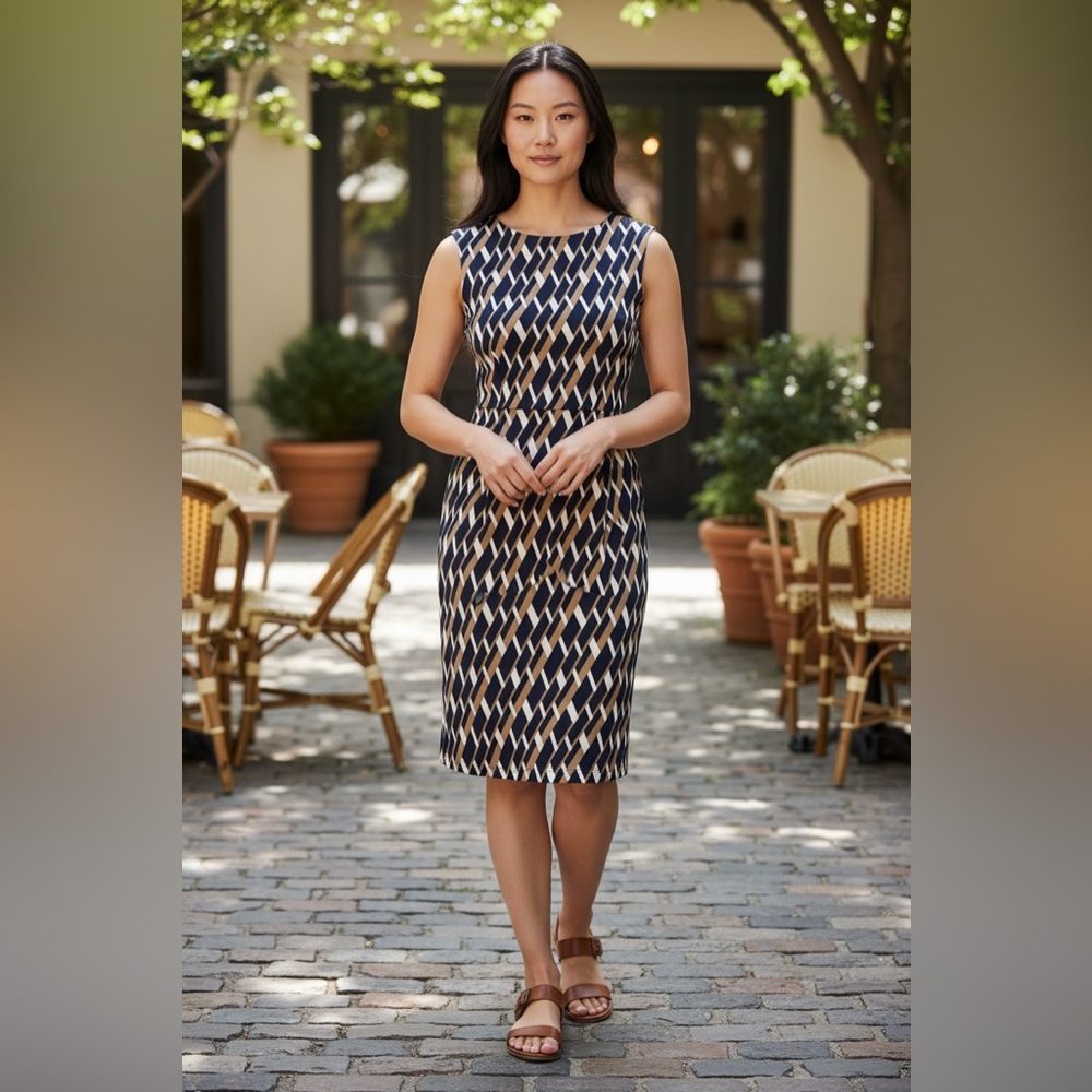 Ann Taylor Geometric Diamond Print Sheath Dress Blue Brown White Size 2